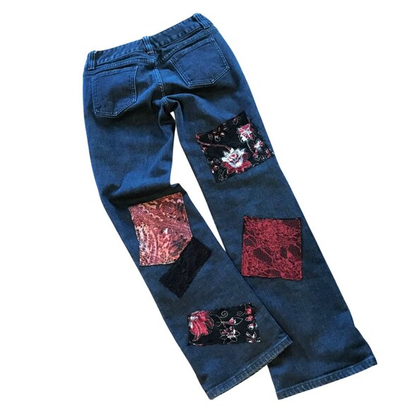 Upcycled Denim - Upcycled Patchwork Jeans Sparkle and Lace Patches, Boho Hippie Jeans, Size 6